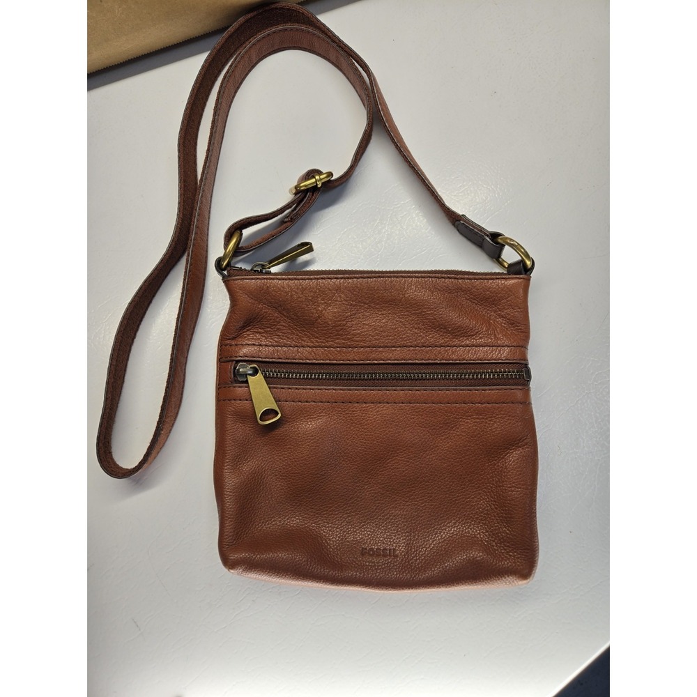 Small Brown Fossil Pebble Cow Hide Leather Crossbody Bag Purse SHB2049 Brass - Picture 1 of 11